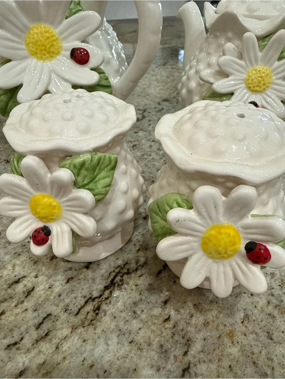 Vintage Daisy ladybug Tea set cottage core mini teapot salt pepper set decor